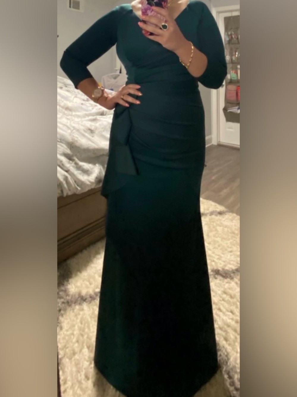 WORN TWICE-Xscape Emerald Green V-Neck Ruffle Gown - Picture 2 of 6